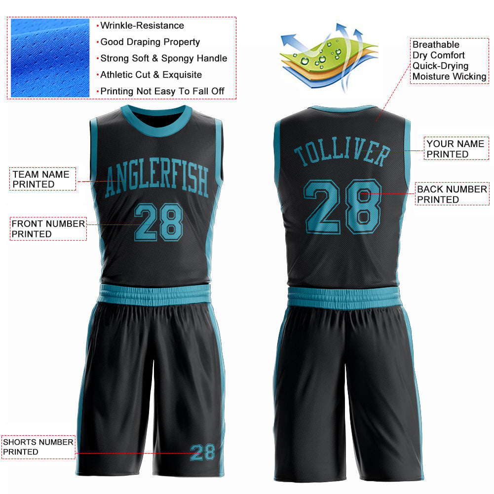 Custom Black Teal Round Neck Basketball Uniform Jersey view 4