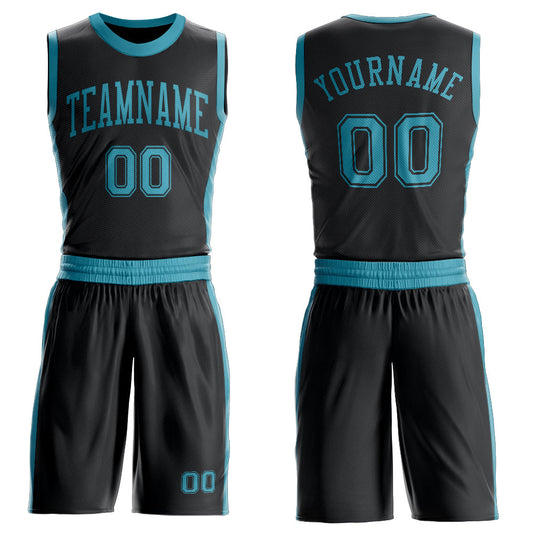 Custom Black Teal Round Neck Basketball Uniform Jersey - Main View