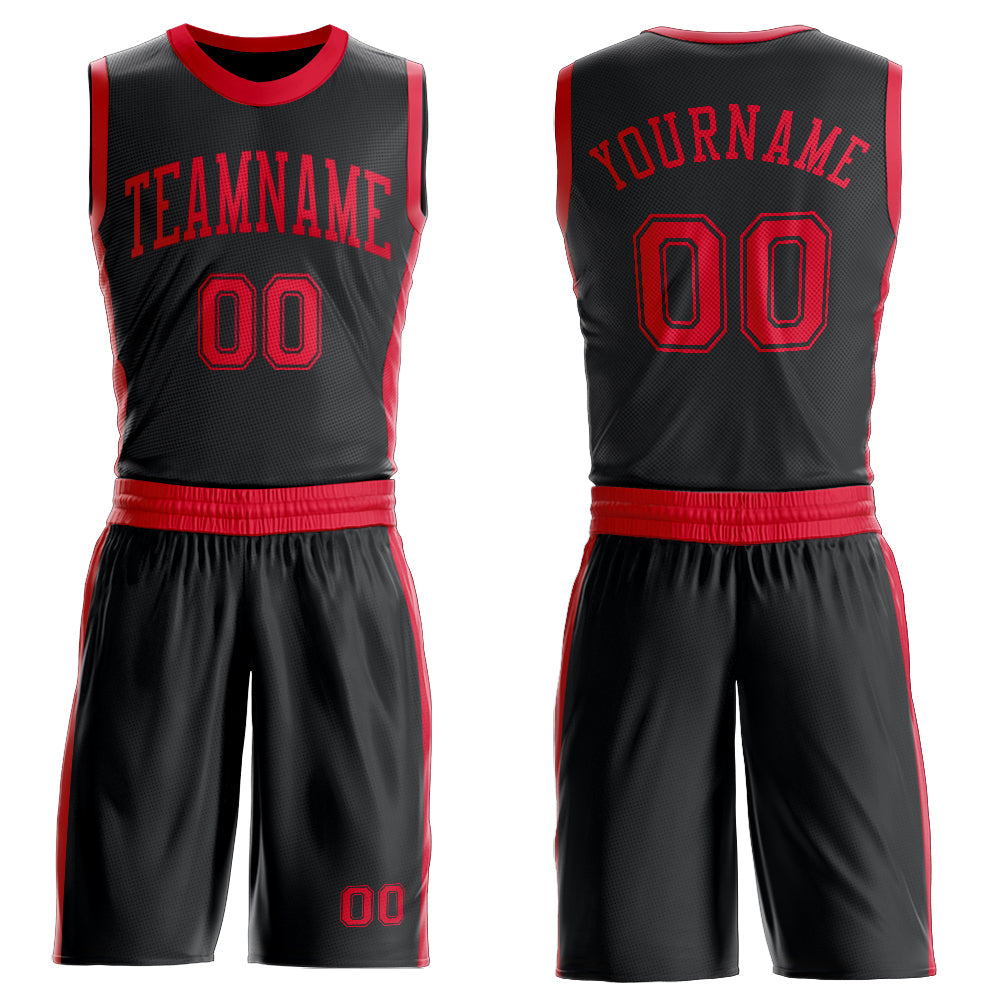 Custom Black Red Round Neck Basketball Uniform Jersey - Main View