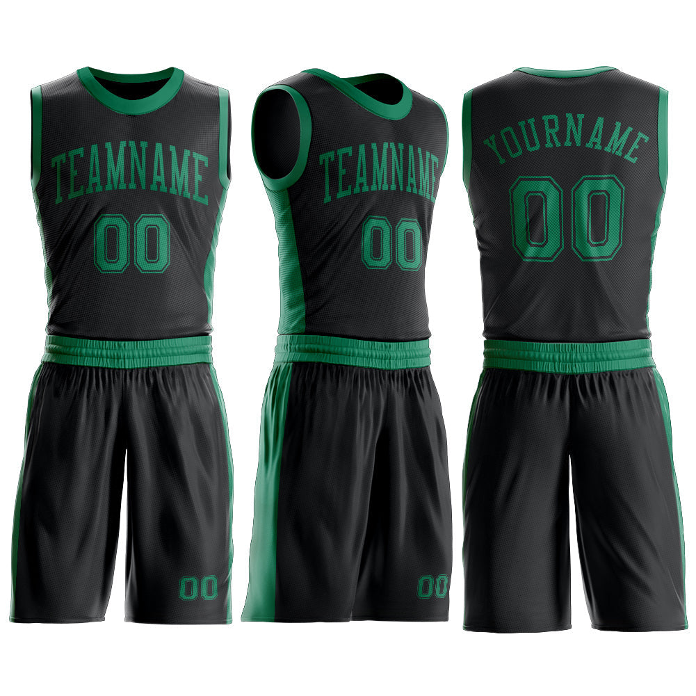 Custom Black Kelly Green Round Neck Basketball Uniform Jersey view 3