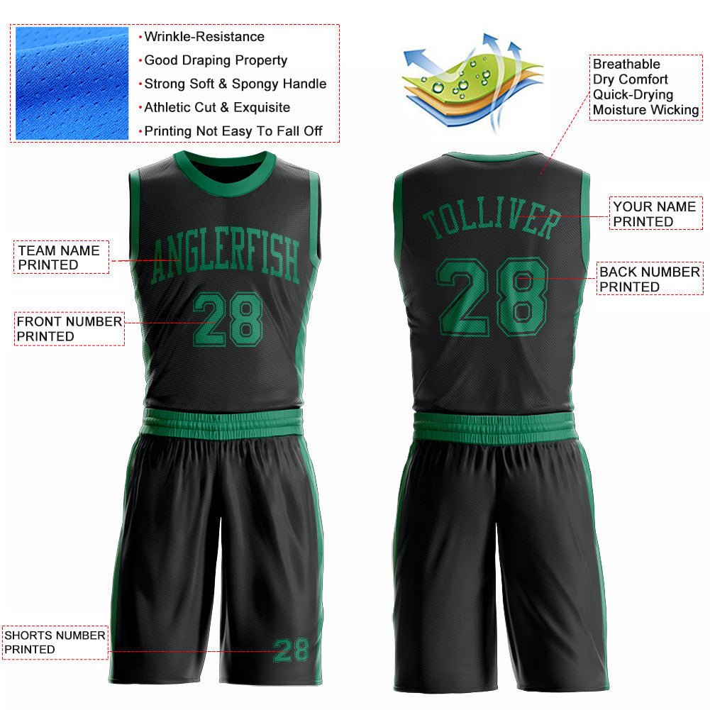 Custom Black Kelly Green Round Neck Basketball Uniform Jersey view 4