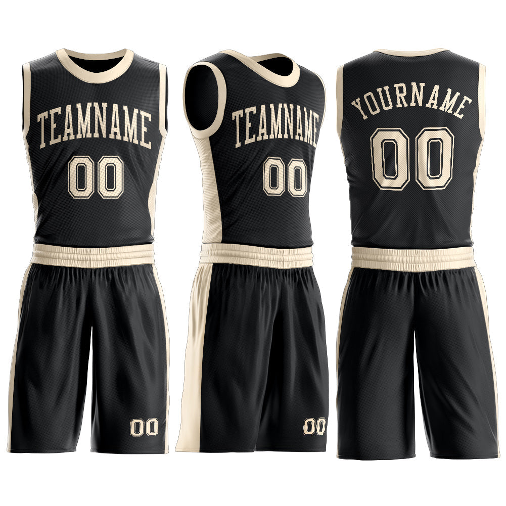 Custom Black Cream Round Neck Basketball Uniform Jersey view 3