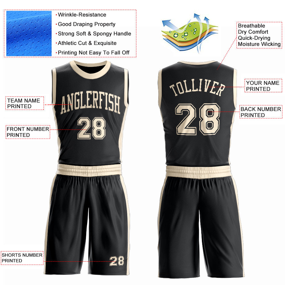 Custom Black Cream Round Neck Basketball Uniform Jersey view 4