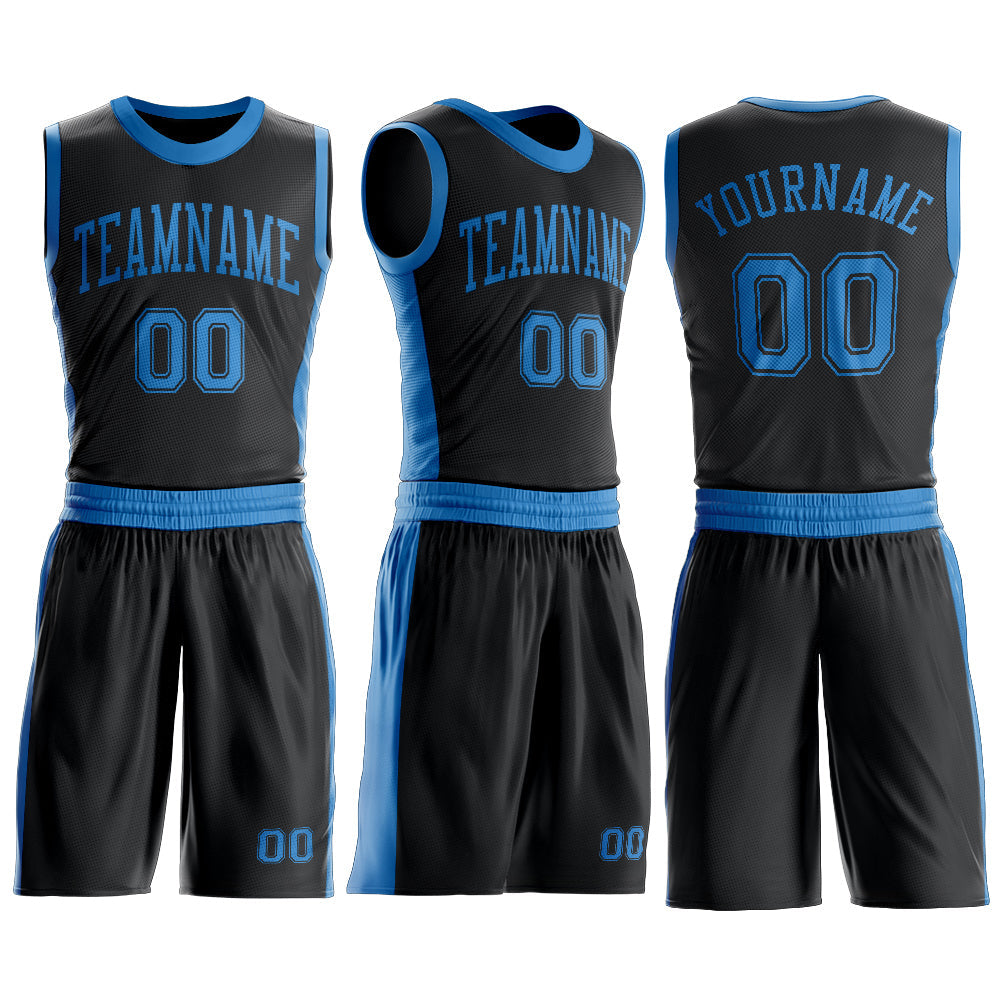 Custom Black Blue Round Neck Basketball Uniform Jersey view 3