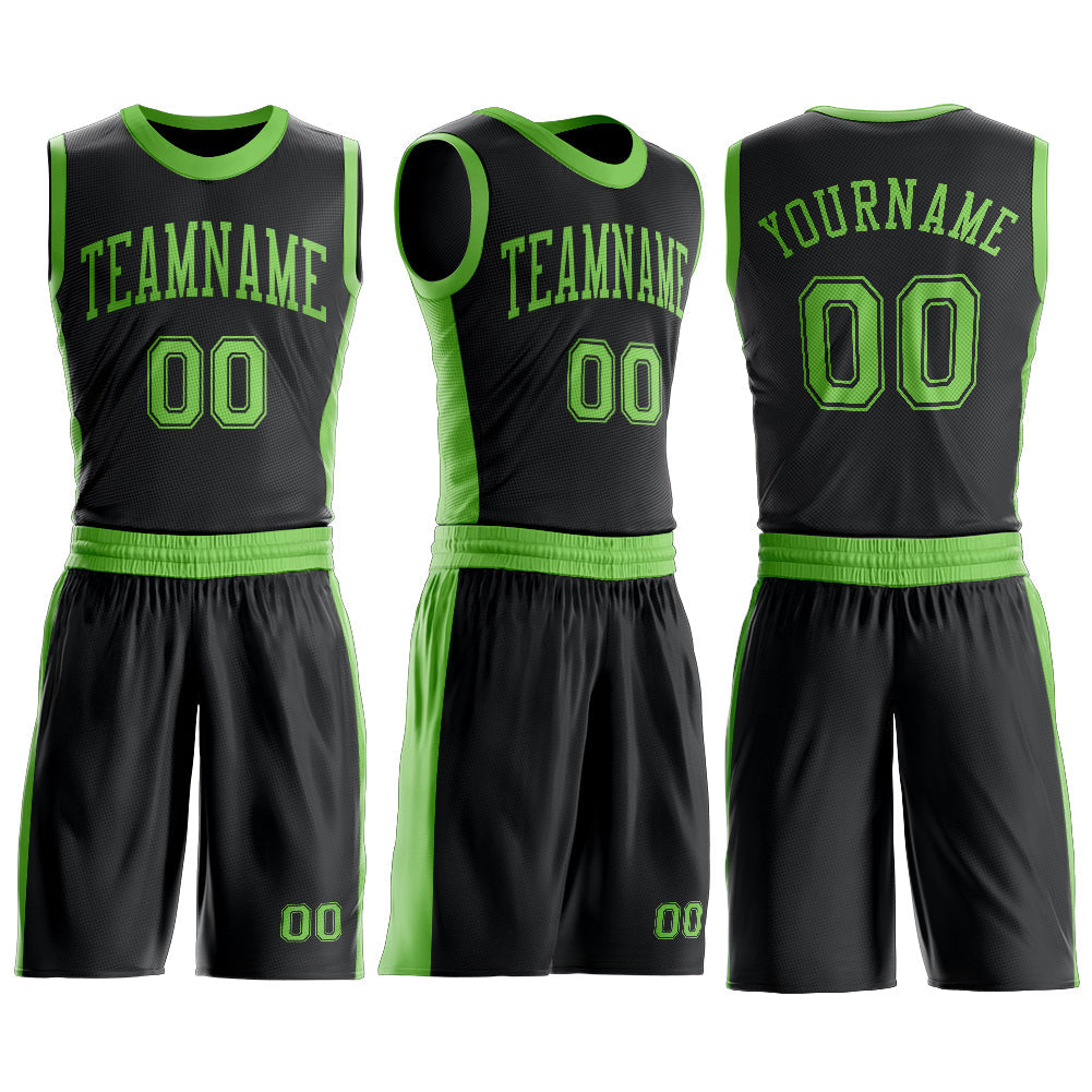 Custom Black Neon Green Round Neck Basketball Uniform Jersey view 3