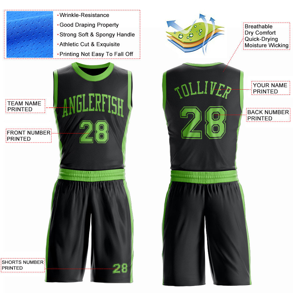 Custom Black Neon Green Round Neck Basketball Uniform Jersey view 4