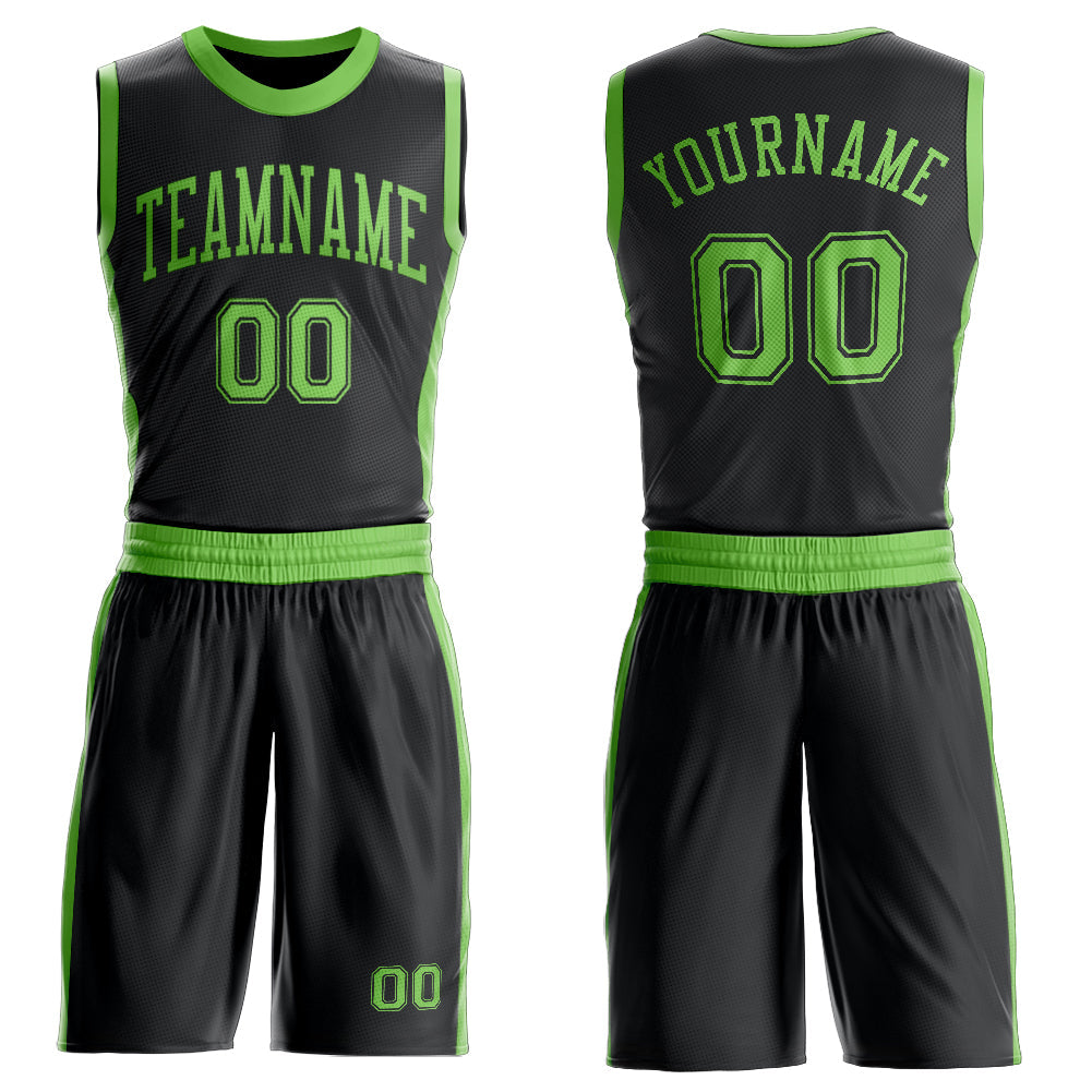 Custom Black Neon Green Round Neck Basketball Uniform Jersey - Main View