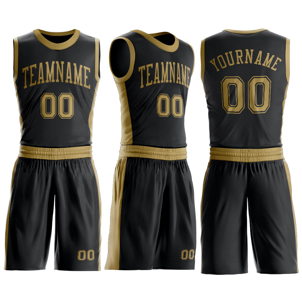 Custom Black Old Gold Round Neck Basketball Uniform Jersey view 3