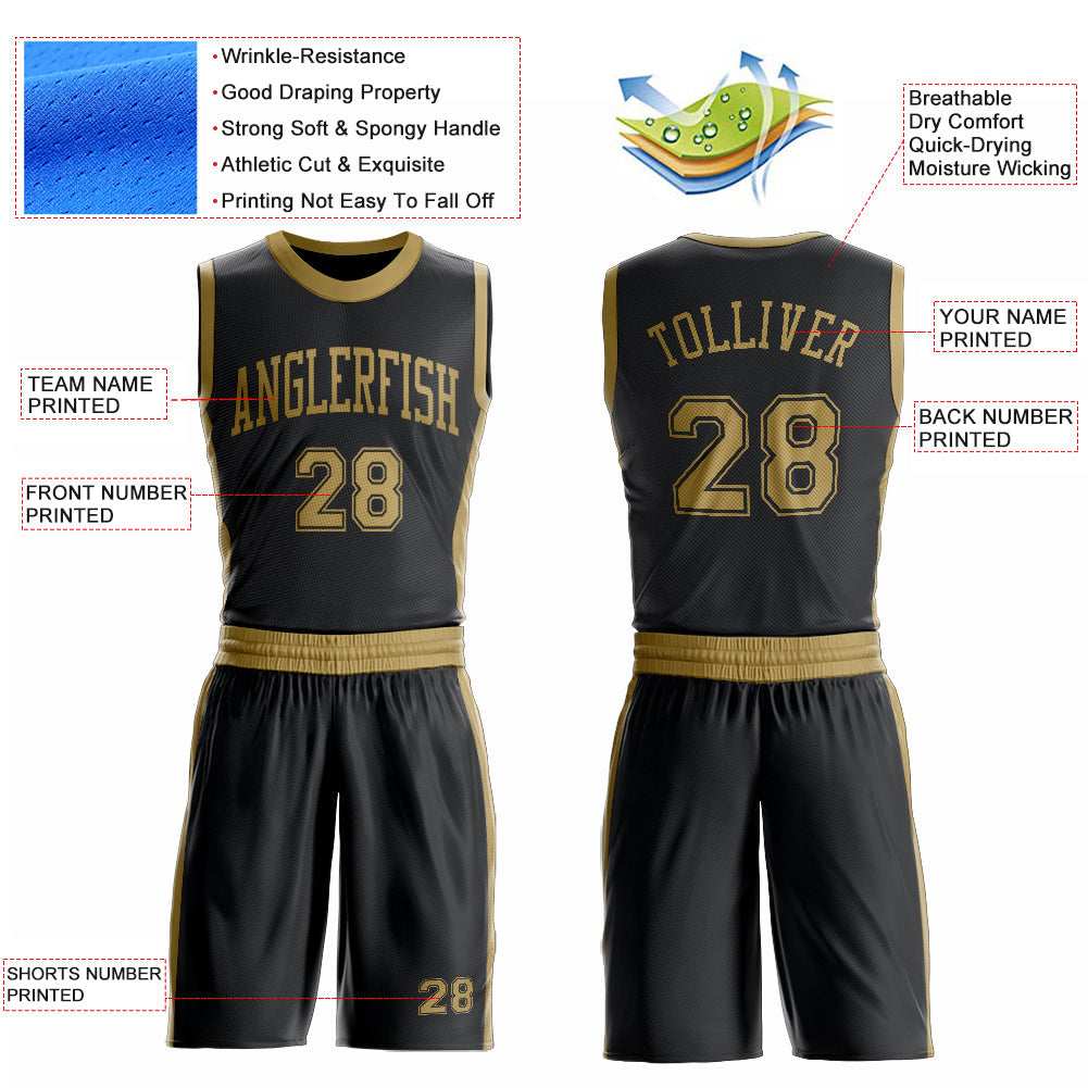 Custom Black Old Gold Round Neck Basketball Uniform Jersey view 4