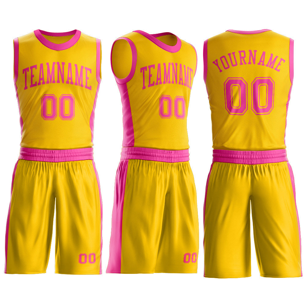 Custom Gold Pink Round Neck Basketball Uniform Jersey view 3