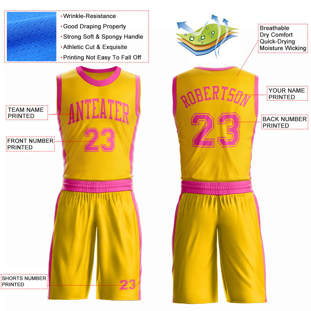 Custom Gold Pink Round Neck Basketball Uniform Jersey view 4