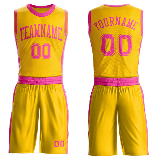 Custom Gold Pink Round Neck Basketball Uniform Jersey - Main View