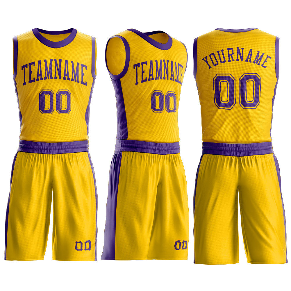 Custom Gold Purple Round Neck Basketball Uniform Jersey view 3