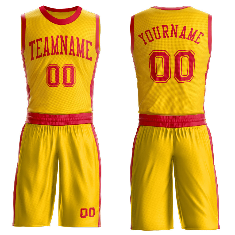 Custom Gold Red Round Neck Basketball Uniform Jersey - Main View
