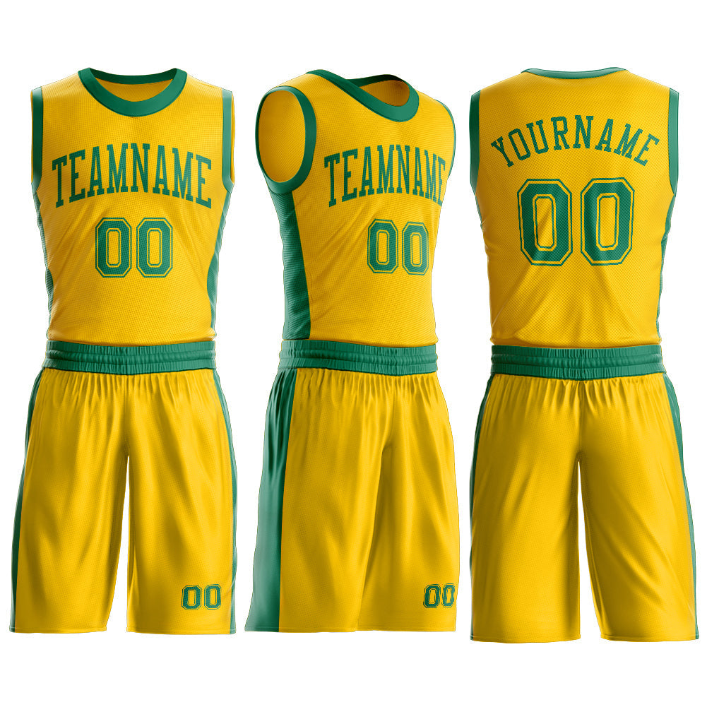 Custom Gold Kelly Green Round Neck Basketball Uniform Jersey view 3