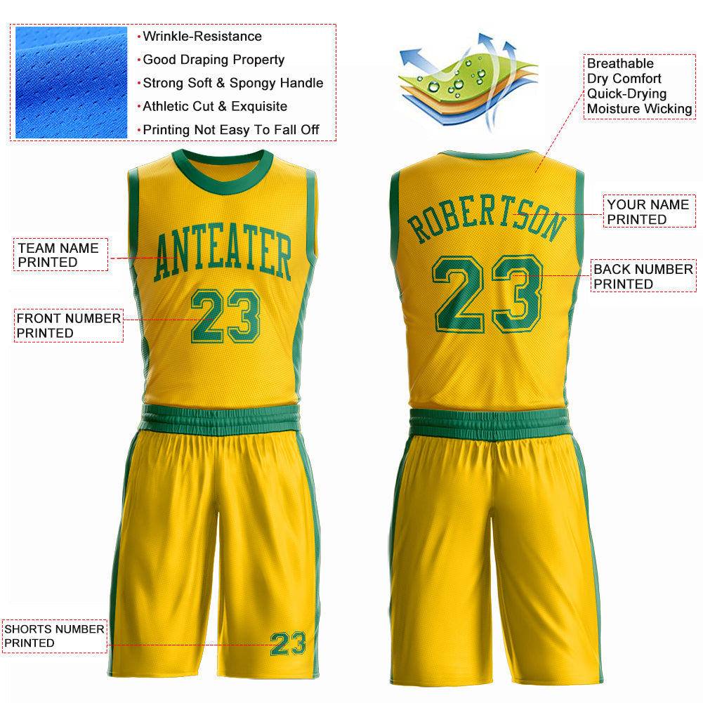 Custom Gold Kelly Green Round Neck Basketball Uniform Jersey view 4