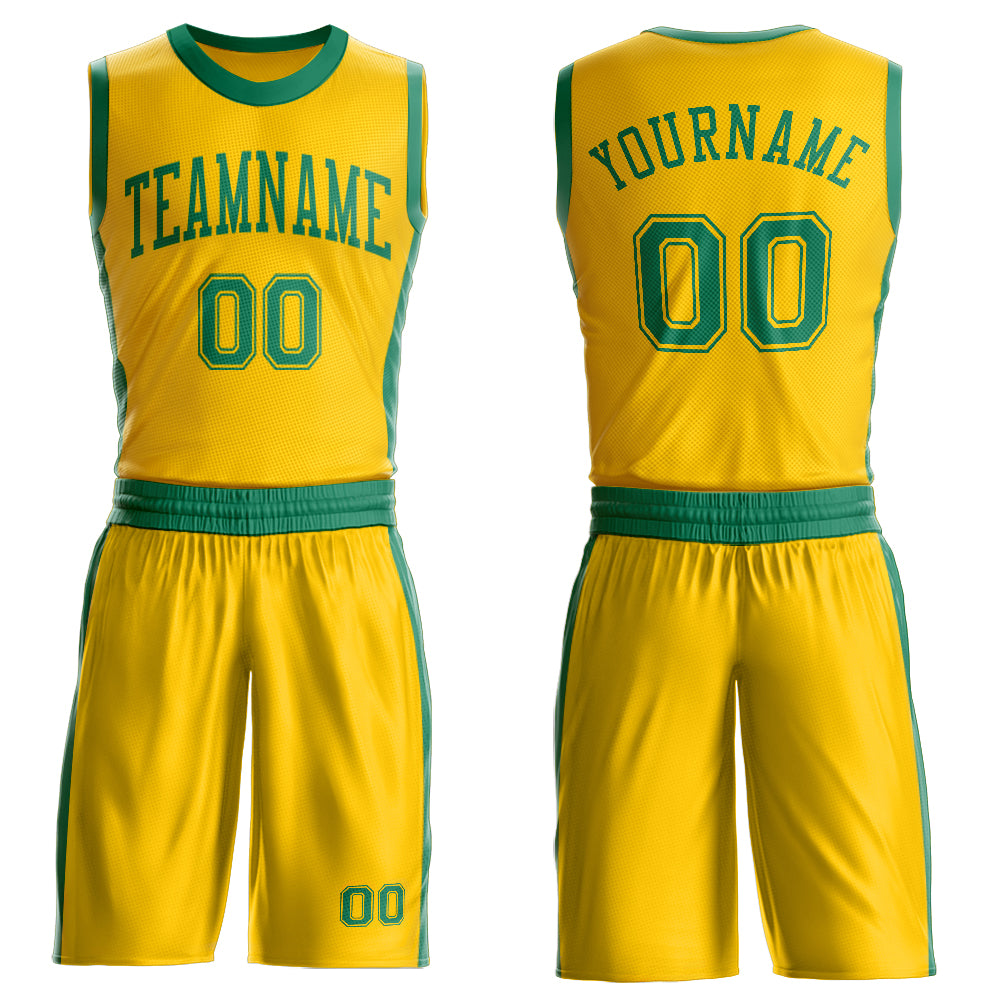 Custom Gold Kelly Green Round Neck Basketball Uniform Jersey - Main View