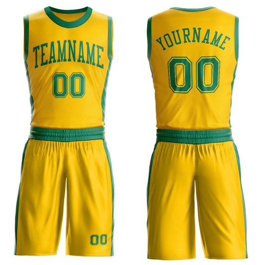 Custom Gold Kelly Green Round Neck Basketball Uniform Jersey - Main View