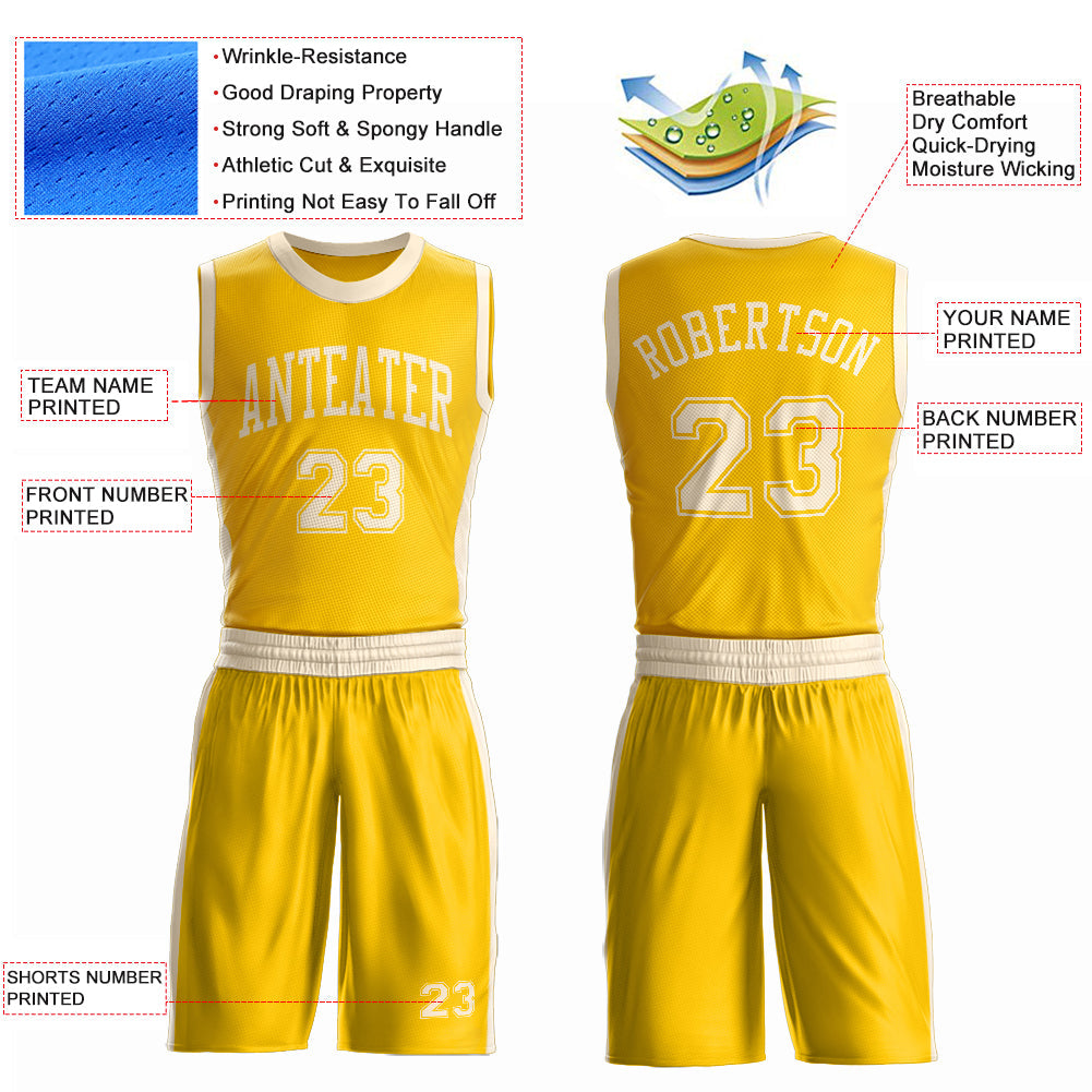 Custom Gold Cream Round Neck Basketball Uniform Jersey view 4