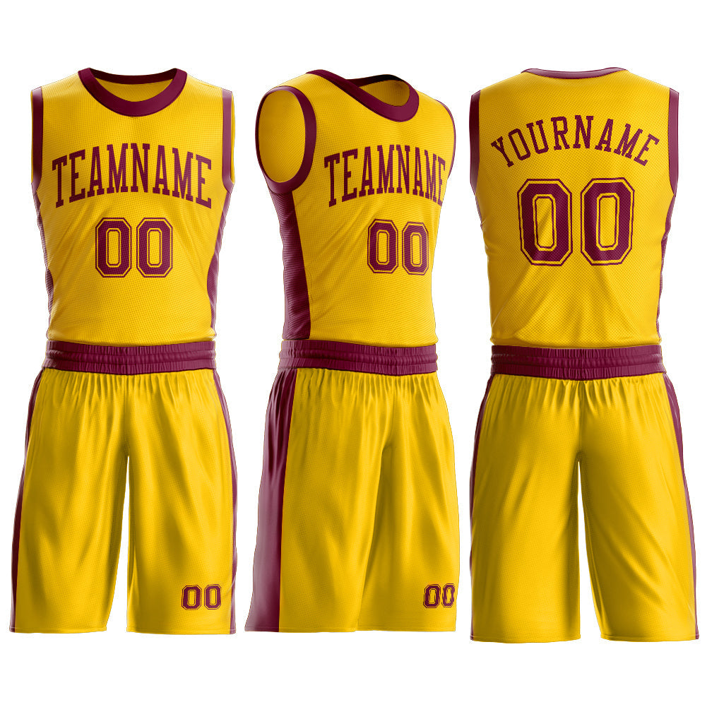 Custom Gold Maroon Round Neck Basketball Uniform Jersey view 3