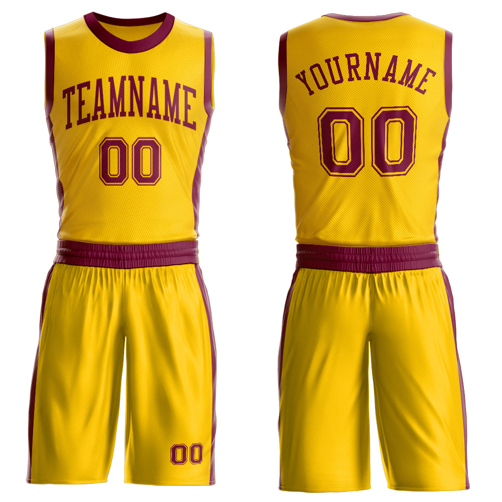 Custom Gold Maroon Round Neck Basketball Uniform Jersey - Main View