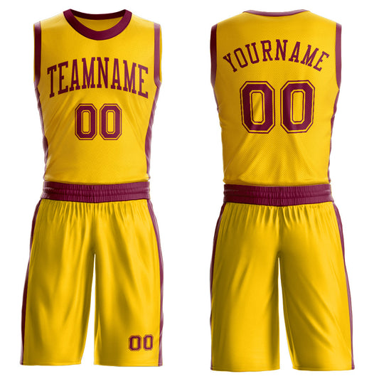 Custom Gold Maroon Round Neck Basketball Uniform Jersey - Main View