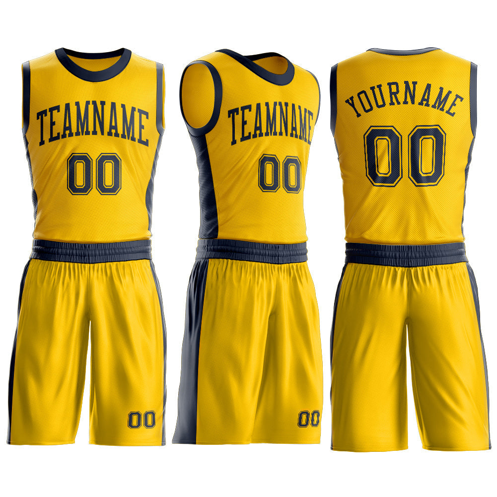 Custom Gold Navy Round Neck Basketball Uniform Jersey view 3
