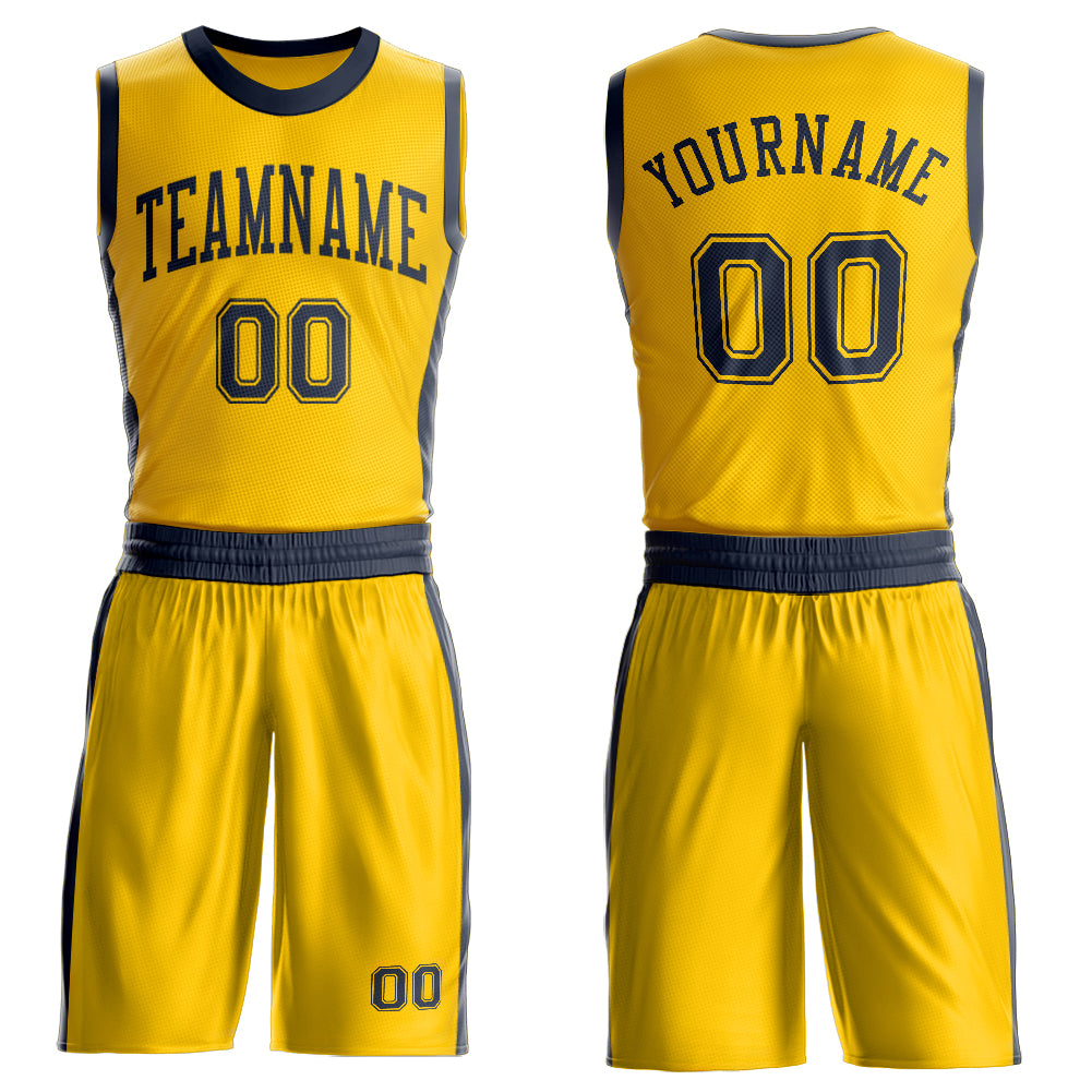 Custom Gold Navy Round Neck Basketball Uniform Jersey - Main View