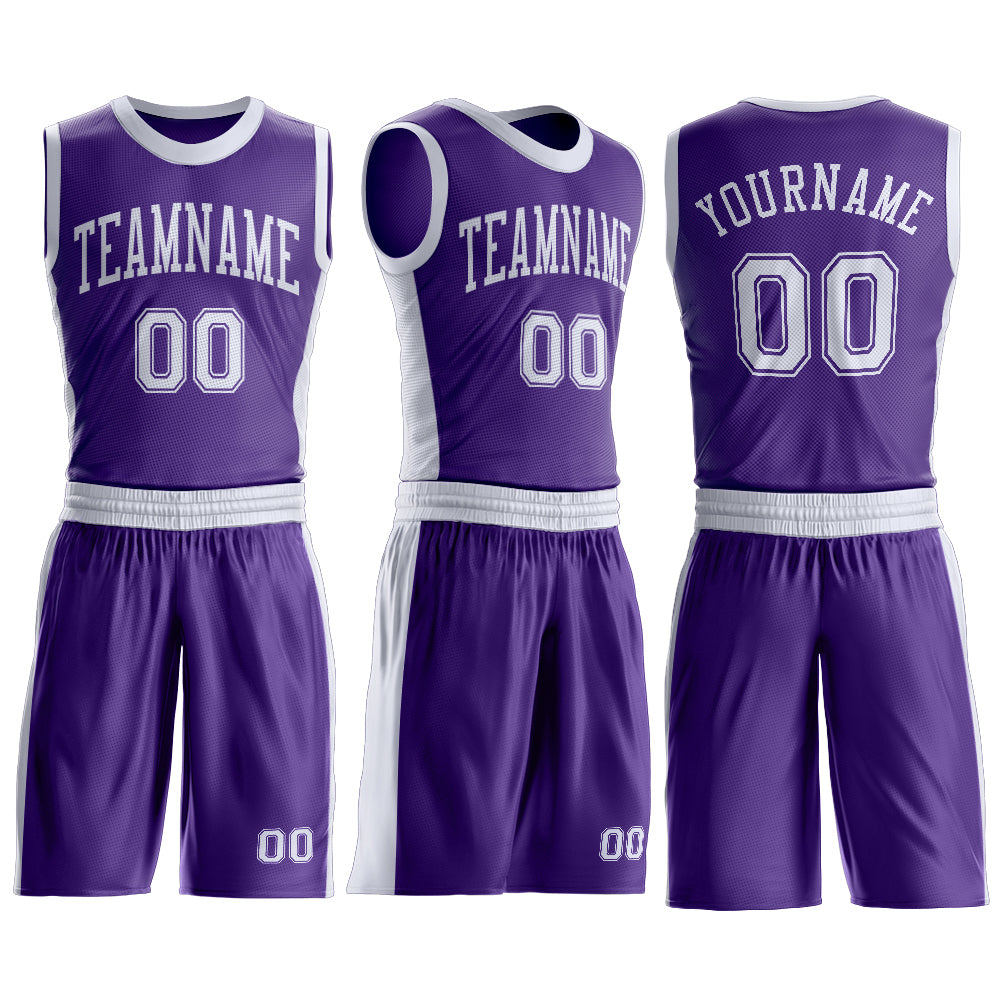 Custom Purple White Round Neck Basketball Uniform Jersey view 3