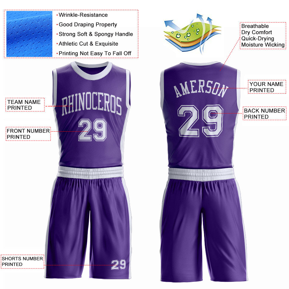 Custom Purple White Round Neck Basketball Uniform Jersey view 4