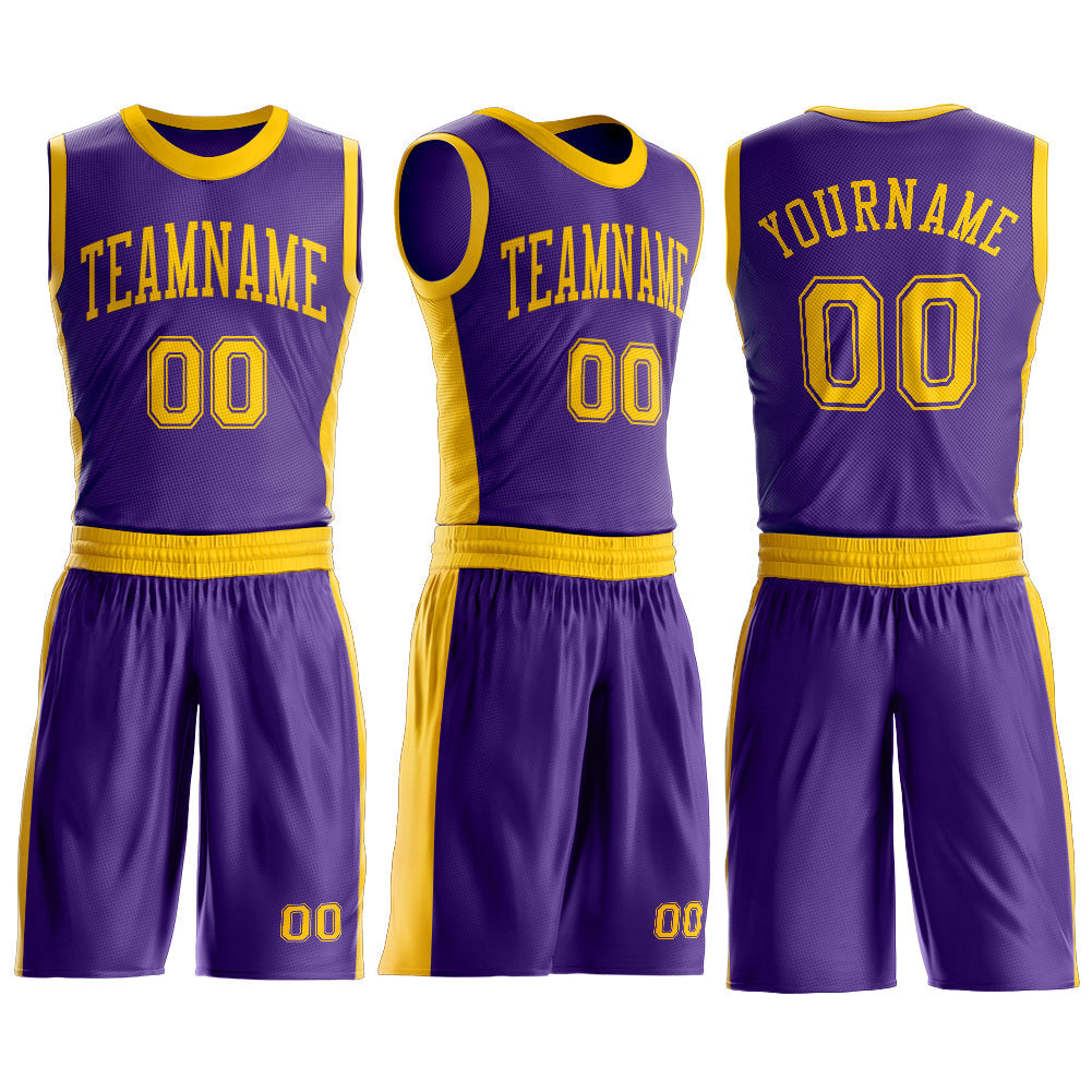 Custom Purple Gold Round Neck Basketball Uniform Jersey view 3