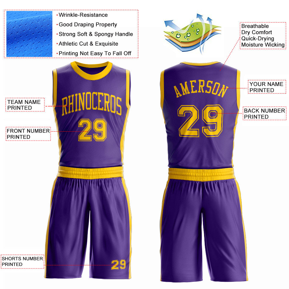 Custom Purple Gold Round Neck Basketball Uniform Jersey view 4