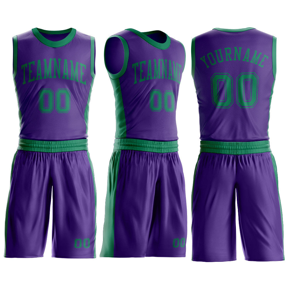 Custom Purple Kelly Green Round Neck Basketball Uniform Jersey view 3