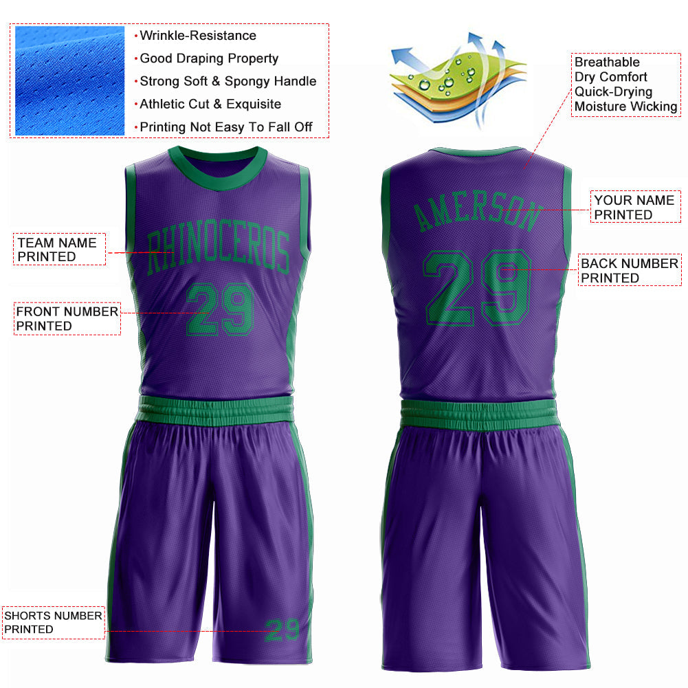 Custom Purple Kelly Green Round Neck Basketball Uniform Jersey view 4