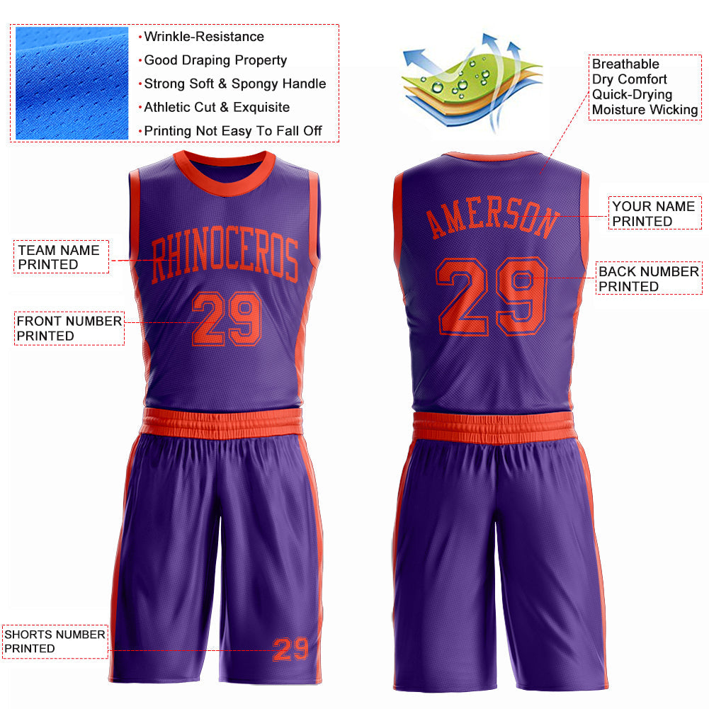 Custom Purple Orange Round Neck Basketball Uniform Jersey view 4