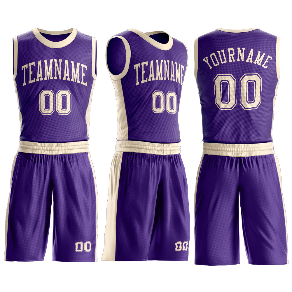 Custom Purple Cream Round Neck Basketball Uniform Jersey view 3
