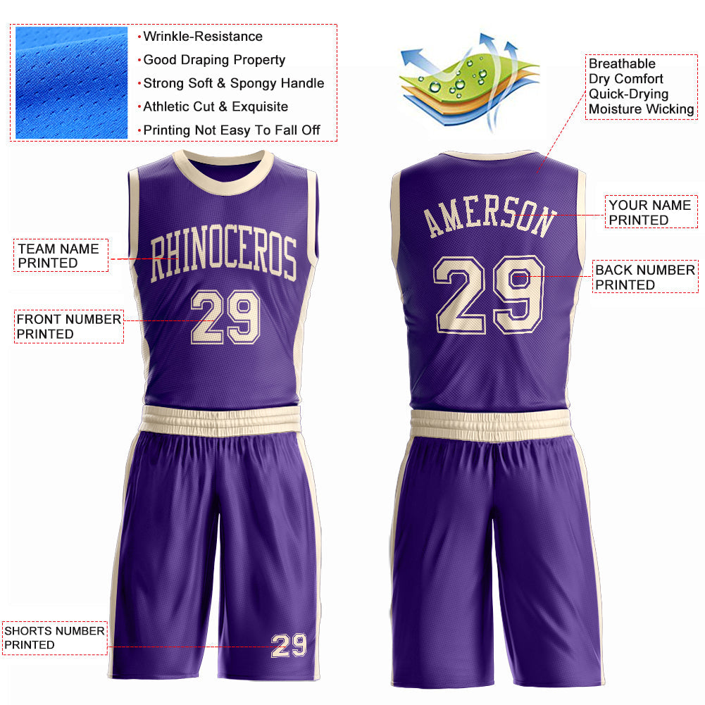 Custom Purple Cream Round Neck Basketball Uniform Jersey view 4