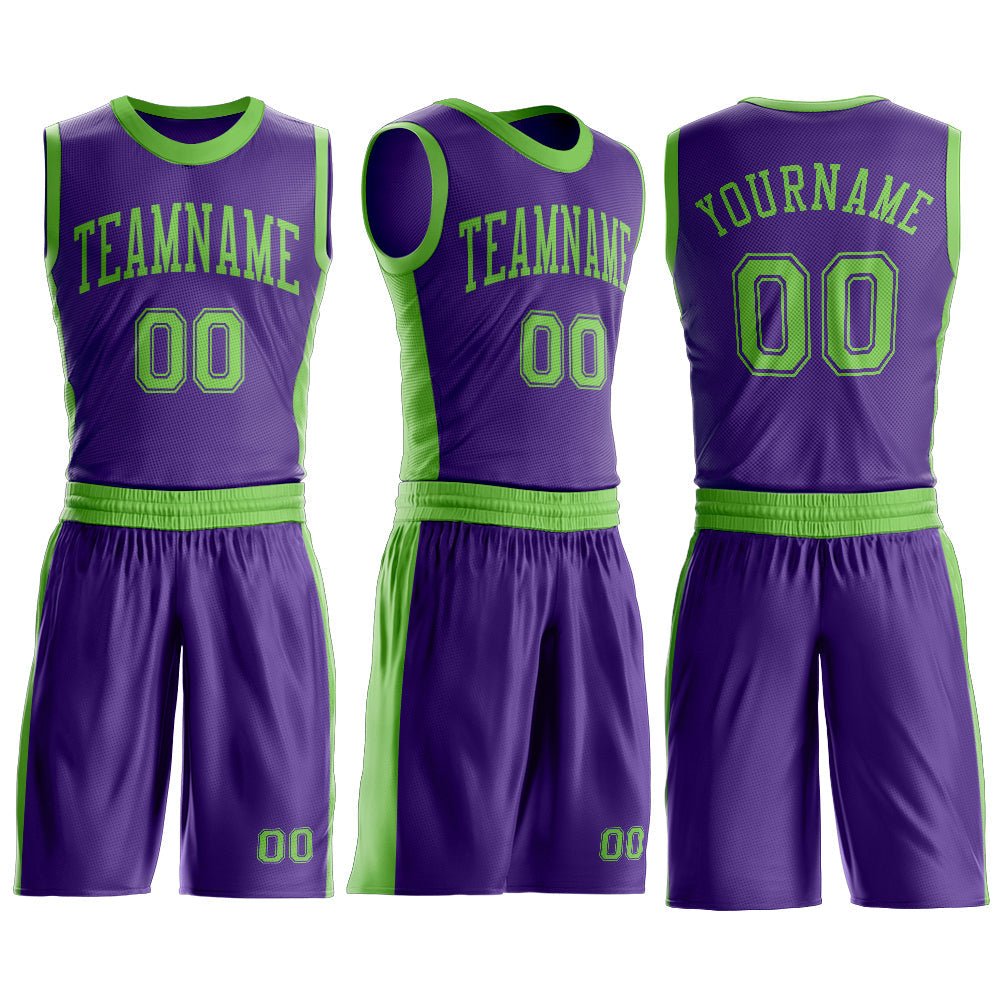Custom Purple Neon Green Round Neck Basketball Uniform Jersey view 3