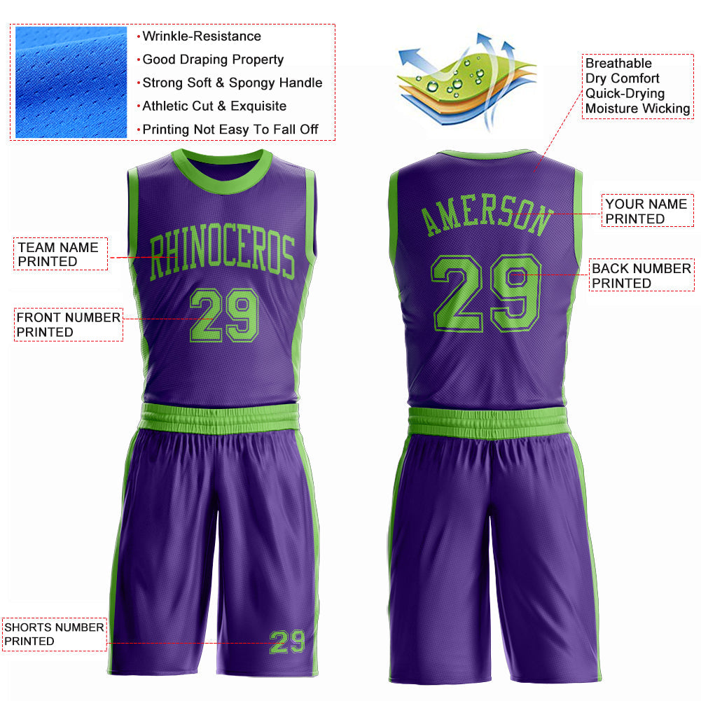 Custom Purple Neon Green Round Neck Basketball Uniform Jersey view 4