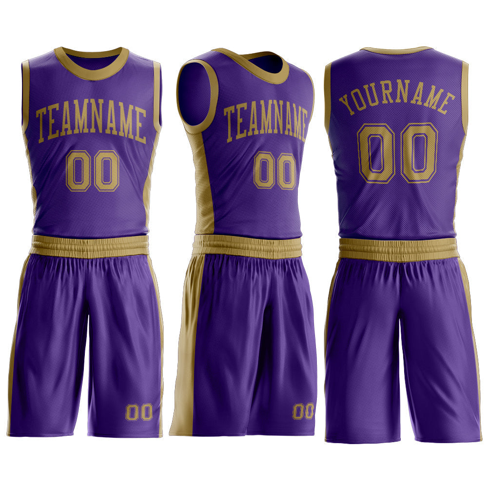 Custom Purple Old Gold Round Neck Basketball Uniform Jersey view 3