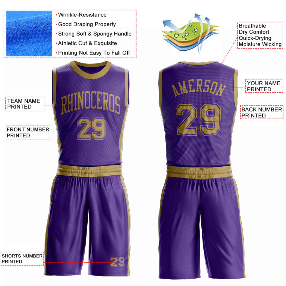 Custom Purple Old Gold Round Neck Basketball Uniform Jersey view 4