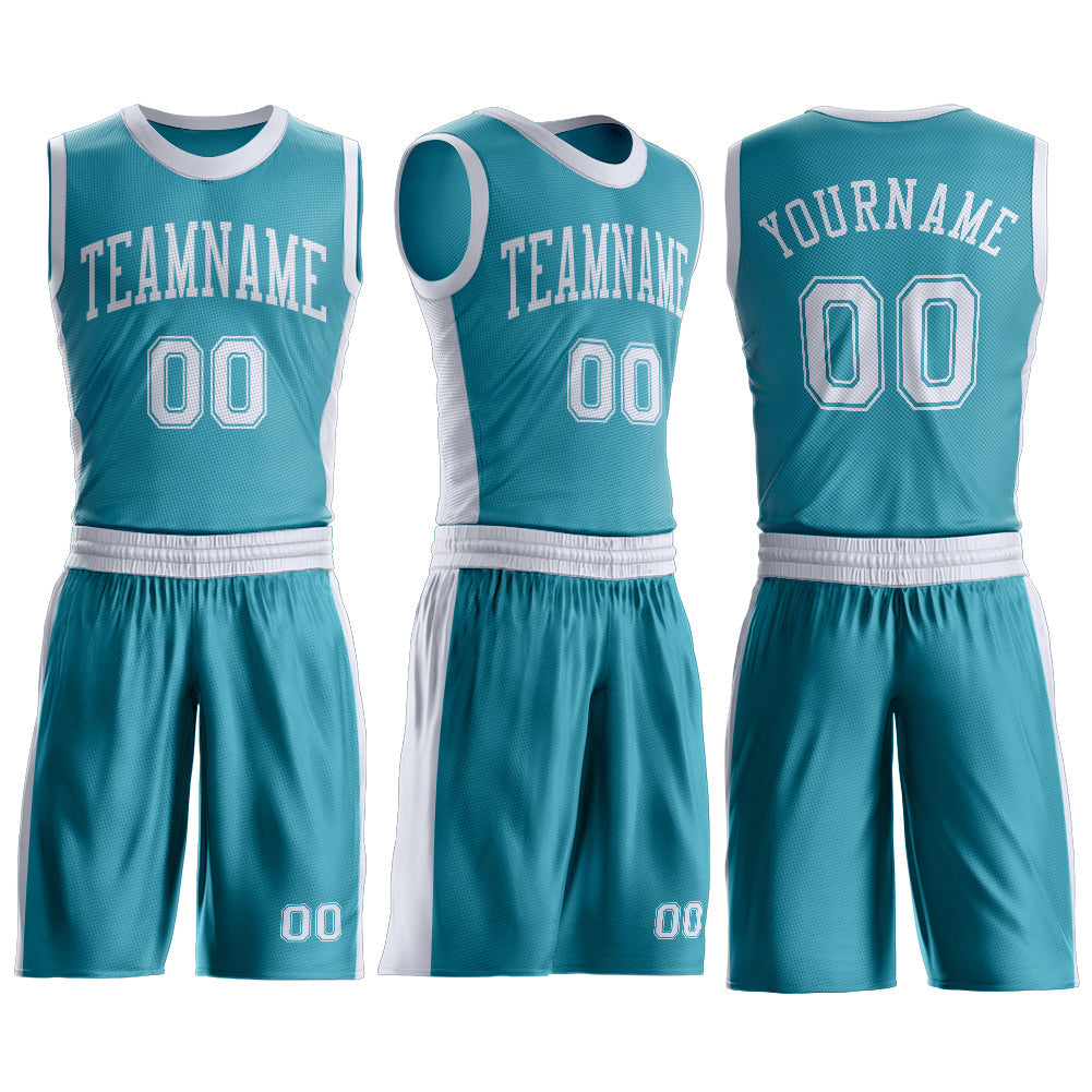 Custom Teal White Round Neck Basketball Uniform Jersey view 3