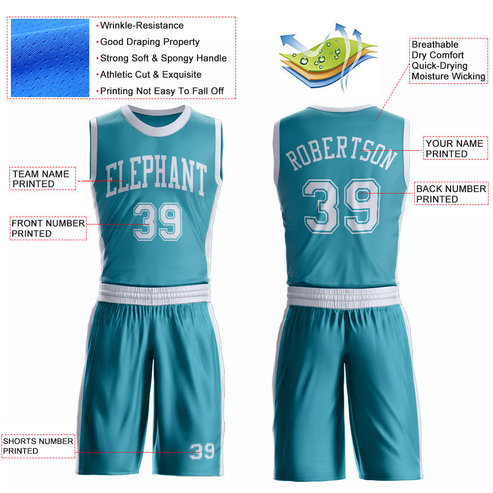 Custom Teal White Round Neck Basketball Uniform Jersey view 4
