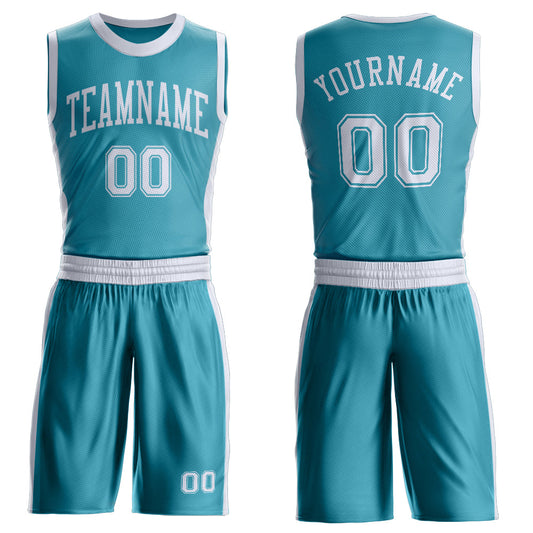 Custom Teal White Round Neck Basketball Uniform Jersey - Main View