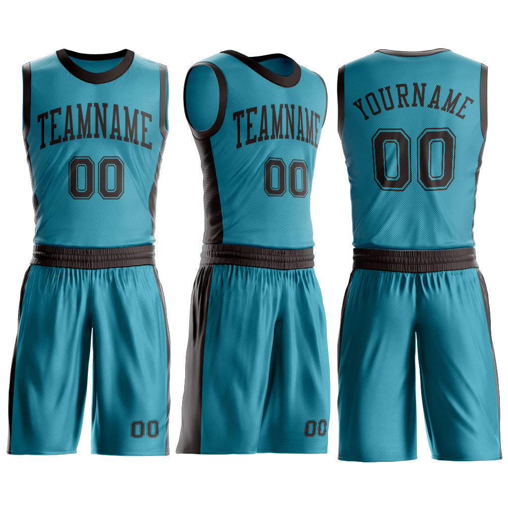 Custom Teal Brown Round Neck Basketball Uniform Jersey view 3