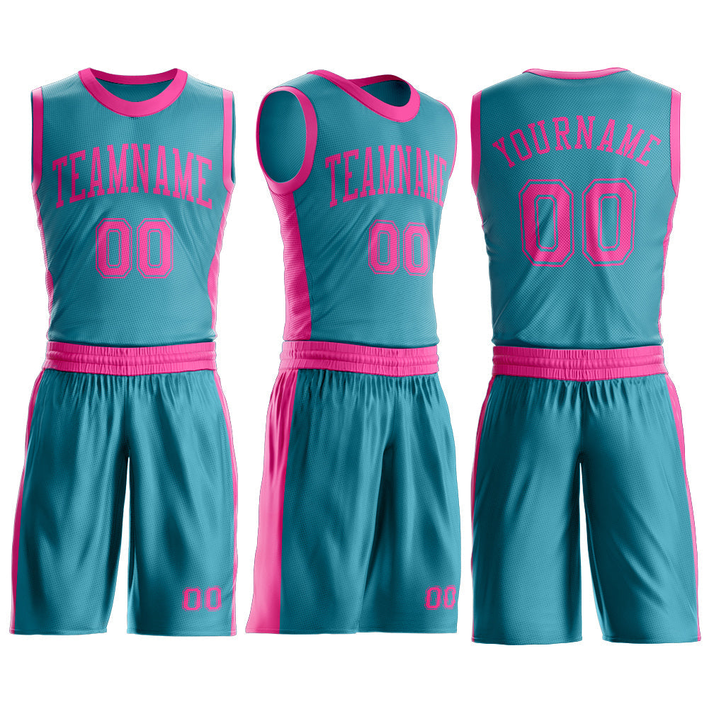 Custom Teal Pink Round Neck Basketball Uniform Jersey view 3