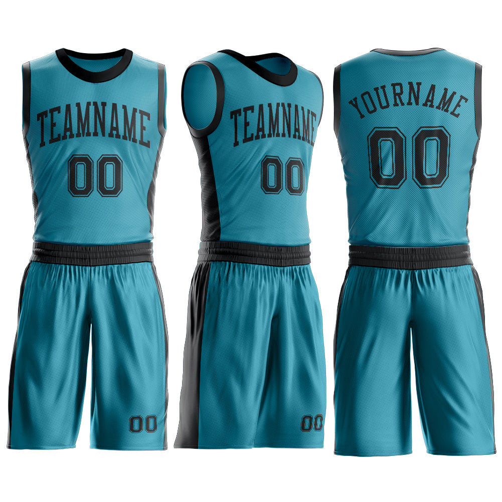 Custom Teal Black Round Neck Basketball Uniform Jersey view 3