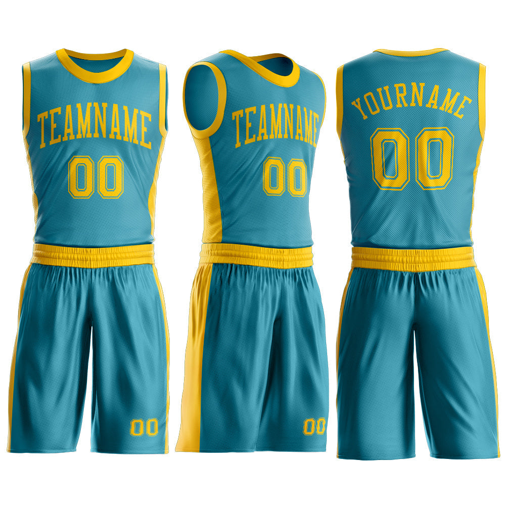 Custom Teal Gold Round Neck Basketball Uniform Jersey view 3