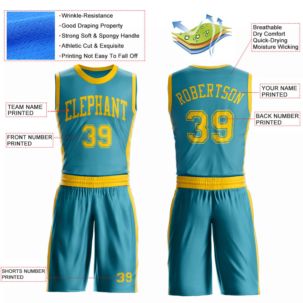 Custom Teal Gold Round Neck Basketball Uniform Jersey view 4