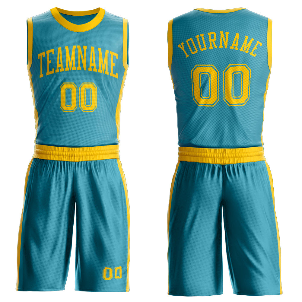 Custom Teal Gold Round Neck Basketball Uniform Jersey - Main View